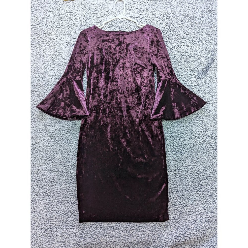 Calvin Klein Crushed Velvet Bell Sleeve Dress Size 4 Witchy 90s Stretch Purple